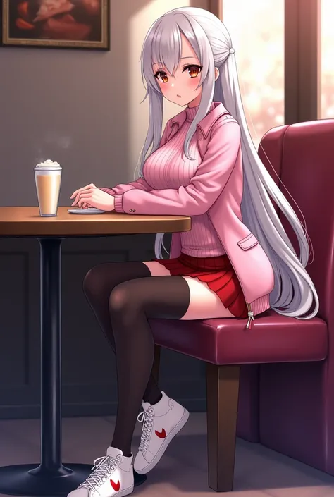 Anime girl sexy body white silver hair very red eyes with a pink jacket or sweater and a red skirt black tights white sneakers sitting at the table in cloths long hair big breasts kawaii my 