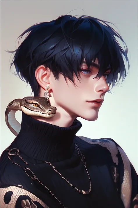   very ,  VERY DETAILED, boy,  shortcuts,  dark hair that looks like a snake, black sweater 