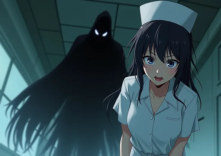 a frightened nurse in a white uniform in a hospital with a sinister spirit in black macabre creepy with sinister eyes behind her.  I want a very scary image for the cover of my dark YouTube channel in an anime tone. Scariest sinister image.