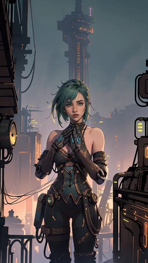 (a half naked young girl standing on the top of the building:1.2 ),(landscape:1.3),(long green hair:1.2),(one-length haircut:1.3),(cyberpunk buildings in the background:1.3),(steampunk buildings in the background:1.3),(steampunk:1.3) , (gloves),(night:1.4)...