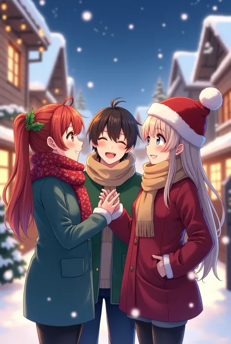 anime, Christmas, man 1 women 2, happy