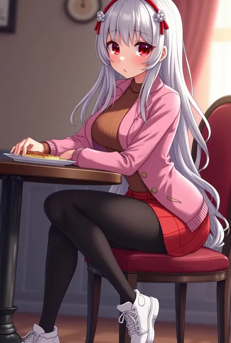 Anime girl sexy body white silver hair very red eyes with a pink jacket or sweater and a red skirt black tights white sneakers sitting at the table in cloths long hair big breasts kawaii my 