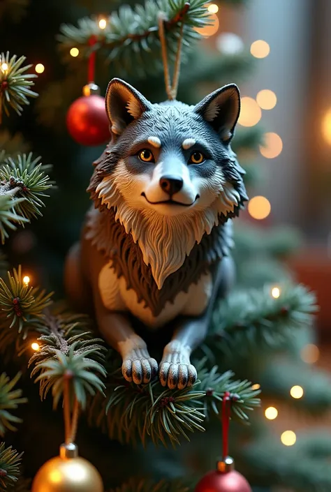 Create a Christmas tree with wolf ornament
