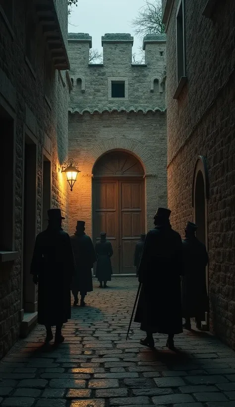 Prompt:
A dimly lit alley within the city walls, where a small wooden gate—Kerkoporta—remains slightly ajar. Ottoman scouts, dressed in stealthy military attire, approach cautiously, spotting the opportunity. The mood is tense and foreboding.
