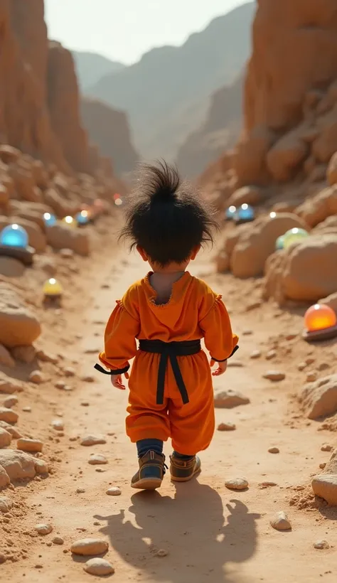 A baby dressed as Yamcha with a torn orange gi, walking down a rocky desert-themed runway, surrounded by small craters and glowing dragon balls, ultra-realistic, 8K.”