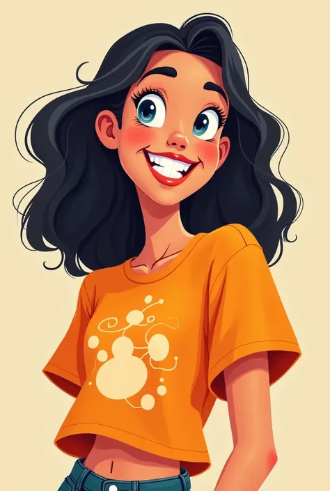 Woman with orange cartoon style t-shirt