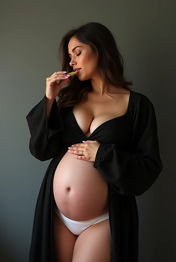 Génere moi une belle  femme enceinte de 8 mois avec des gros seins et des tétons qui pointent, habillée dune robe noire très moulante et dune culotte blanche visible moulant son vagin. Son visage est excité et elle joue avec un des ses tétons