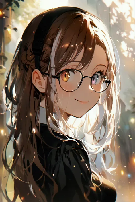  high resolution , anime, 1 girl,  long hair,  brown hair, Breasts,  Smile , Heterochromia,  brown eye , White eyes,  head glasses , black top