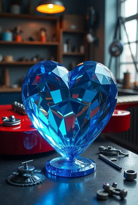 Blue Glass Crystal Heart ,  Red Electric Guitar Realistic Still Life Mechanic Workshop Table 