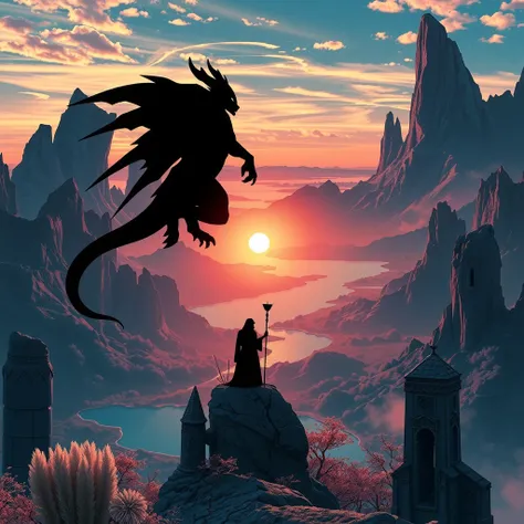 (bestquality) ,pop fantasy style, music cover image, (No watermark, no username, No artist name , no text), The moment the sun rises as seen from the summit, fantasy world view 