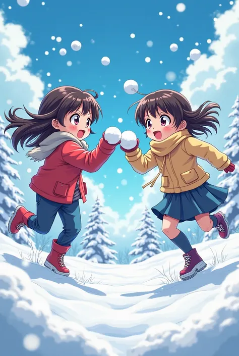 Two girls having a snowball war manga version