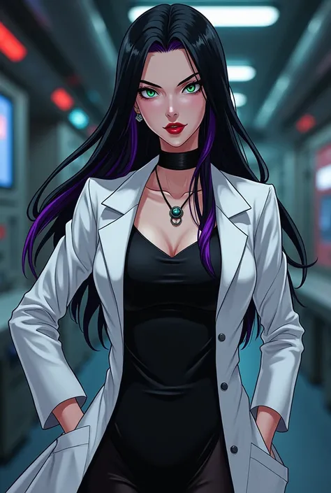 Anime style 
Woman
Human
45 years old 
Evil eyes 
Evil smile 
Villain
Red lips
White coat
Dr. Anya Nox has black hair with dark purple streaks, piercing green eyes, and always dresses in an elegant long black dress that reflects her power and authority. In...