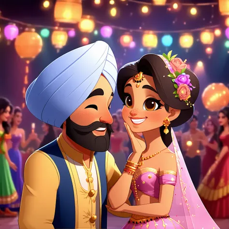 "A cartoon Sardar leaning slightly forward with a playful expression, whispering to a cartoon woman with a shy smile and wide, blushing cheeks. The scene has exaggerated, expressive details, with colorful party lights and other cartoon guests in the blurre...