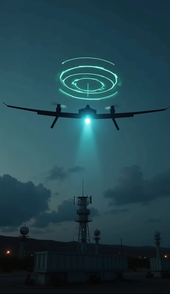 A sleek, futuristic drone performing sharp, precise maneuvers in mid-air, illuminated by a faint blue glow. It is dodging visible radar detection beams represented as concentric green rings in the sky. Below, a military base with radar dishes and antennas ...