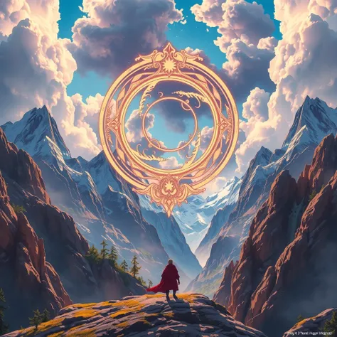 (bestquality) , pop fantasy style, music cover image, Magnificent Mountain々、A magic circle with complex patterns floating in the sky、 Breathtaking Beautiful Sky 、 Hero Shines Small on the Earth