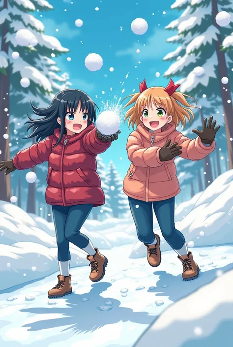 Two girls having a snowball war manga version