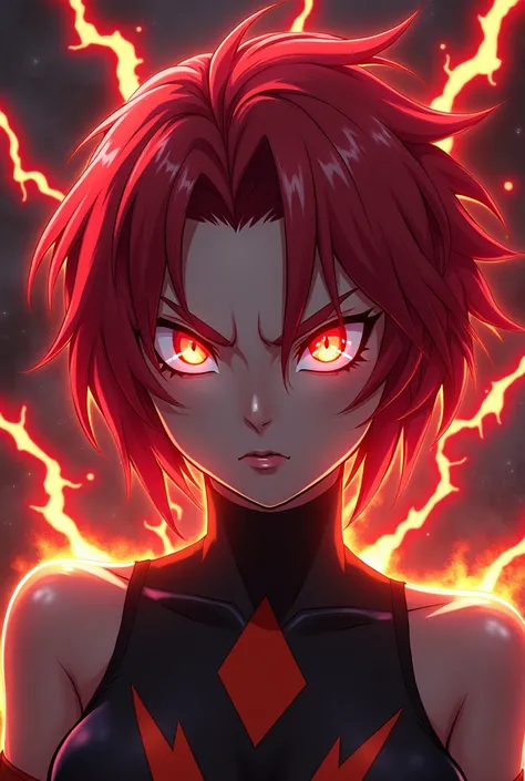 An evil anime character with a spark coming out of her eyes, red hair and angry 