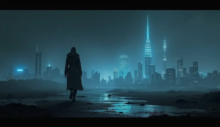 "A futuristic, monochrome landscape featuring a post-apocalyptic city skyline with a hint of neon blue light accents. The background is dark and moody, conveying a sense of desolation. The scene emphasizes sleek, modern, and mysterious vibes with a sci-fi ...