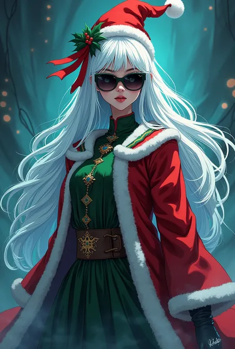  Make a twenty-year-old woman with long white hair with blue eyes,totally black sunglasses ,  dressed in a Christmas costume and a Christmas hat,  in the style of Jutsusu Kaisen 