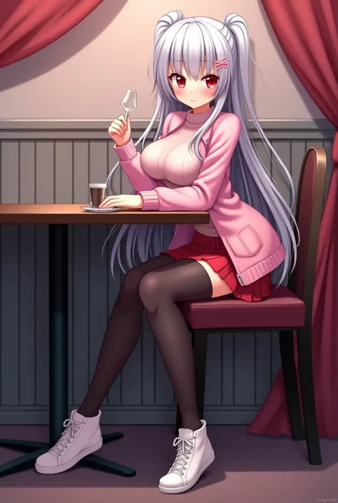 Anime girl sexy body white silver hair very red eyes with a pink jacket or sweater and a red skirt black tights white sneakers sitting at the table in cloths long hair big breasts kawaii my 