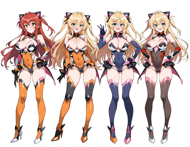  3girls, ((white background)), full body, symphogear costume, gloves, taimanin costume,