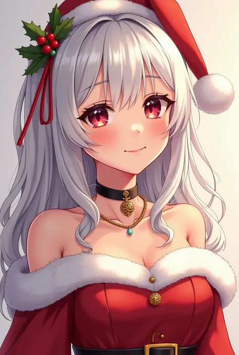 Pretty white Girl wearing a formal christmas custom, the hair colors is white age at . Have a necklace name ACE. The face make it smile