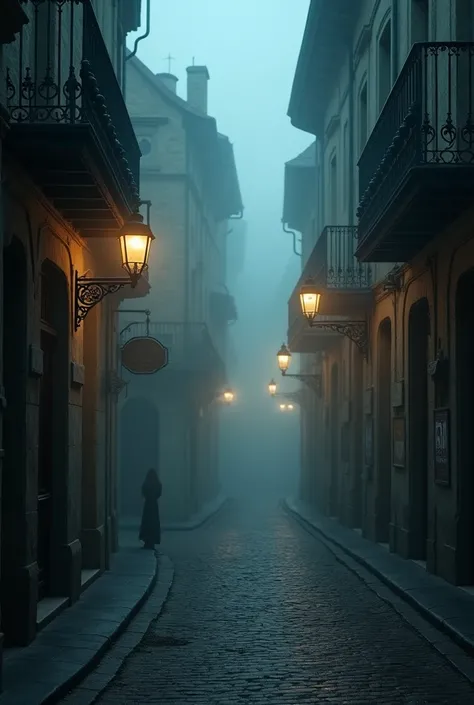 Mysterious street background of old France at night with fog 