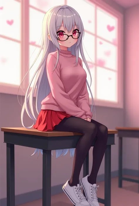 Anime girl sexy body white silver hair very red eyes with a pink sweater or sweater and a red skirt black tights white sneakers sitting on the teachers table in glasses long hair big breasts kawaii my background a beautiful pink aura kawai