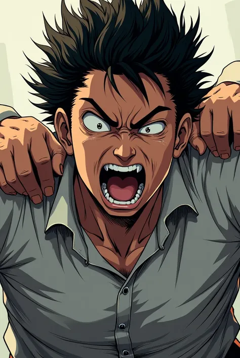 A man screaming with tears while two men restraining him with his both arm behind his back, anime art style, front view, zoom in, invisible two men, only their arms that restraining a screaming man was visible.