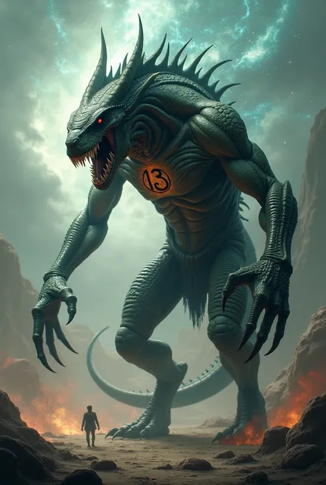 Create an alien beast with a number 13 tattooed on its neck 