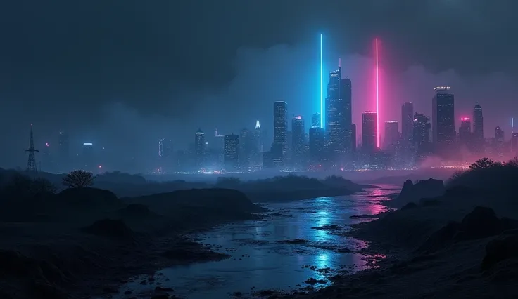 A futuristic monochrome landscape featuring a post-apocalyptic city skyline accented with neon blue or neon pink lights. The background is dark and moody. Designed in a 16:9 aspect ratio, the scene emphasizes a sophisticated, modern, and mysterious atmosph...