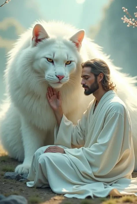 Man dressed in white sits with giant furry white cat