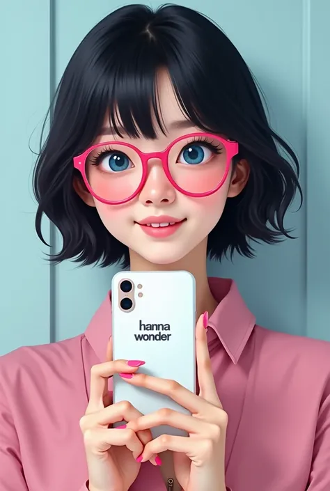   Japanese-Brazilian woman  , 23 years old,   channel with short black hair and pink glasses,   Blue Eyes, Holding the cell phone with the white   " HANNA WONDER   "