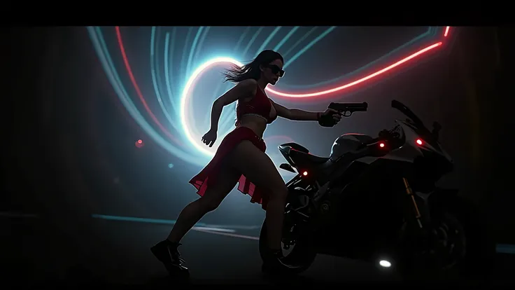 (low angle view). a (photorealistic) sexy young female assassin in a neon lit simple outlined rainbowish abstract curly background at night. (red sexy short:0.4 loose dress exposing white laced panty), large breast, matrix style black micro sunglasses, run...