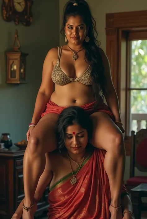 The Malayali woman sits on her servants boys shoulder, women age is 30, large breasts, half Saree, Wearing micro bikinis , ponytail Black Hair, full figure, Drunk, walking, reverse shoulder ride, wearing shoes, close up, dancing, sitting on chairs , old Ke...