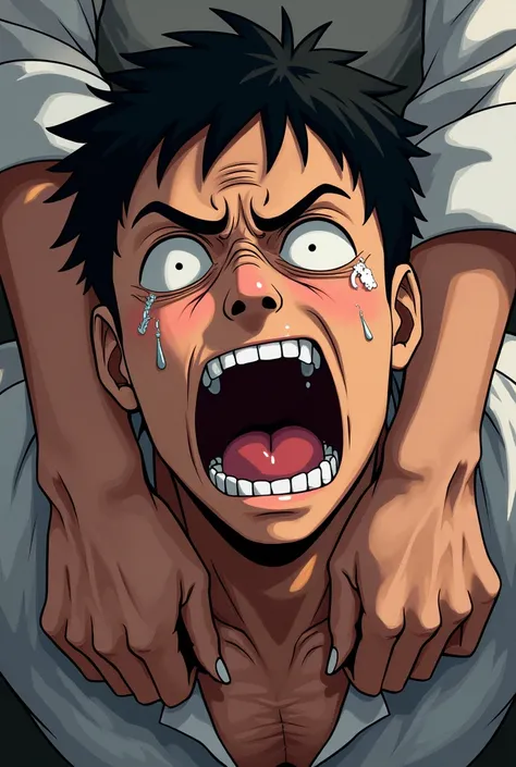 A man screaming with tears while two men restraining him with his both arm behind his back, anime art style, front view, zoom in, invisible two men, only their arms that restraining a screaming man was visible.