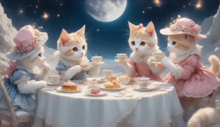 A group of adorable cats having a whimsical tea party on the surface of the moon, surrounded by twinkling stars, Earth visible in the background, soft pastel tones with magical highlights, ultra-detailed, high resolution, 4k, fantasy art