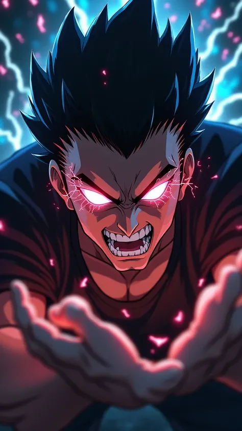 A male anime character, a villain, gets sparks out of his eyes and is angry, and tries to kill one of them