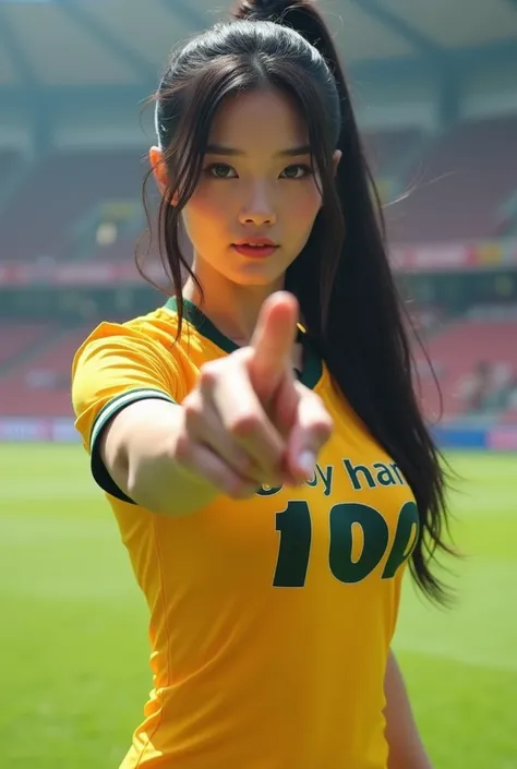 An Asian woman is looking straight at the , points at the audience. Sexy action in different poses on the most fashionable football field. ,  a sparkling portland skin,  glazed tile skin , Red cheeks, Pink skin,  has a chest size of 38 inches ,  in an expe...