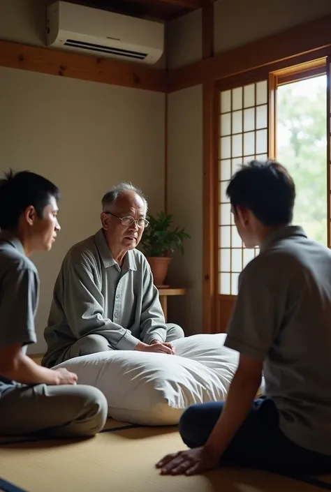 photograph　Middle-aged Japanese men　Meet high school students in Heya　There is a bed