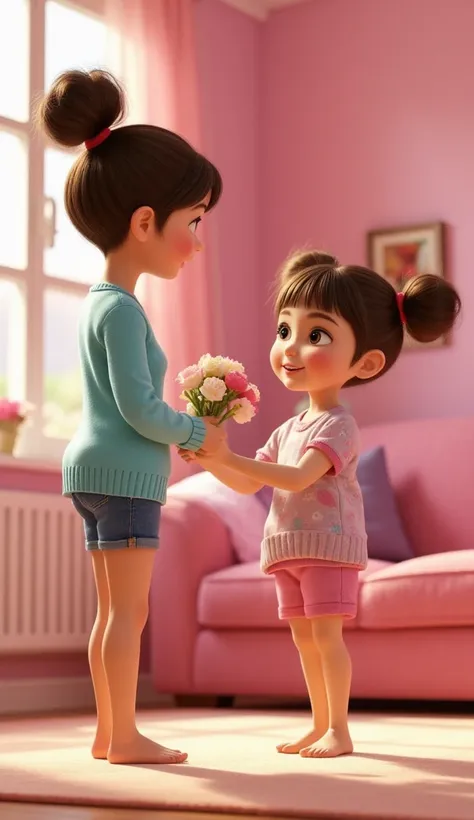 ((picture taken from the side))
The style is 3D pixar animation with a Vibrant color palette, in 3 D animation image, rambut panjang, wearing home womens clothing, barefoot, standing receiving flowers from a cute and adorable with her hair into two buns on...