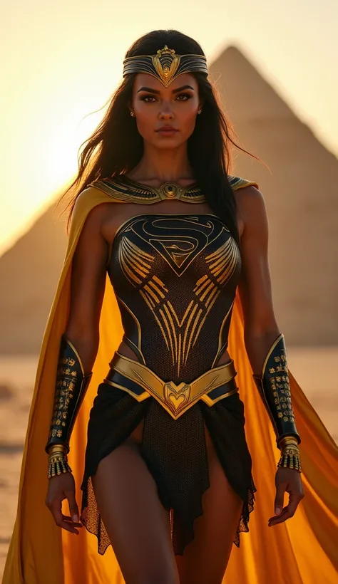  A Supergirl wearing a gold and black costume , inspired by ancient Egypt ,  with pharaonic ornaments .  Her cover has hieroglyphics and the background shows the pyramids of Giza at dusk