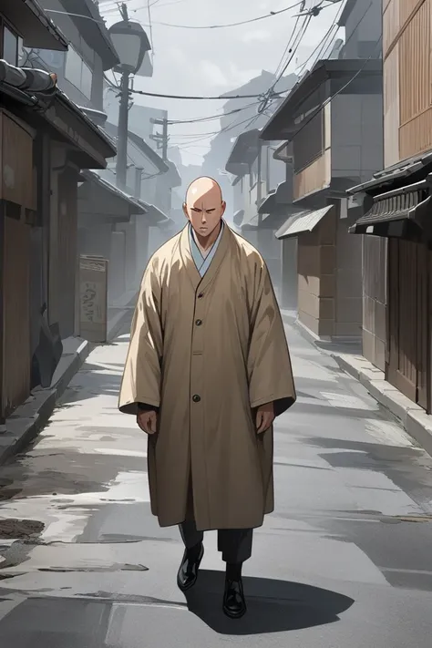 A bald man alone ,  walking down an empty street on New Year,  High resolution,  masterpiece, Pintura de acción, imagen estilo one punch man