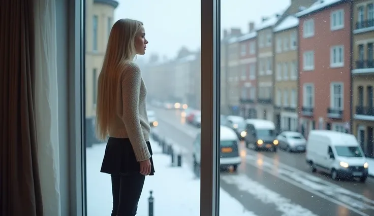  High quality. A real girl with 18 years old and has beyond floor length blonde hair and see her "whole" body standing on the right of floor to ceiling window, must see her whole body. The scenario of window shows winter city in London city, UK. This graph...