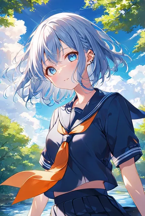 A captivating anime artwork of a girl with a gentle hairstyle and piercing blue eyes that convey her emotions. Her attire is a quintessential Japanese school uniform, highlighted by a blue sailor top and a vibrant orange necktie. The setting features a bri...