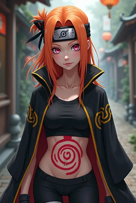 Naruto world,Petite woman, Orange hair , pink eyes,Spirall Red tattoo in belly, Black cloak with Yellow lines ,black Shirt, leggings, Hitai-ate,