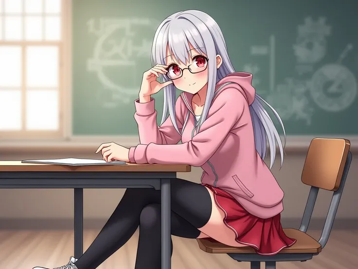 Anime girl sexy body white silver hair very red eyes with a pink jacket or sweater and a red skirt black tights white sneakers sitting on the teachers table in glasses long hair big breasts kawaii my

