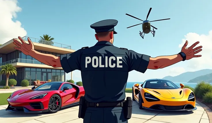 Preview for the hand-drawn GTA 5 RP .  A policeman spreads his arms to the sides .  behind him Porsche 911 , Aventador , bugatti bolide , Bugatti Vigo  ,  A large villa with a helipad and a helicopter in the sky