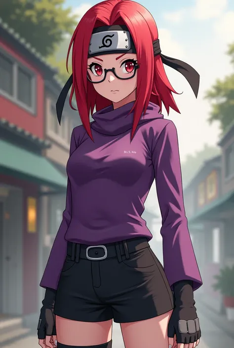 Karin uzumaki red hair eyes red kunoichi ninja ,glasses,  Black shorts, purple blouse, leaf village band 