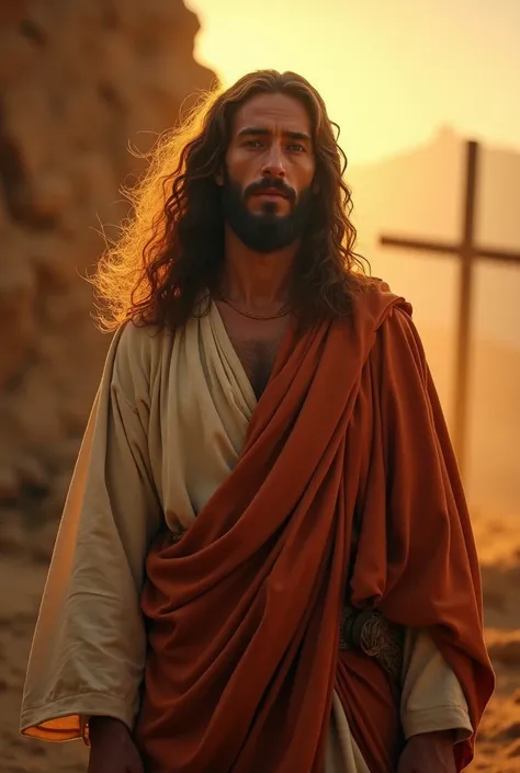 A hyper-realistic cinematic depiction of Jesus Christ from the waist up, surrounded by a soft, golden divine light that highlights the rich texture of His flowing robe and the intricate details of His wavy hair. His face exudes serenity and profound emotio...